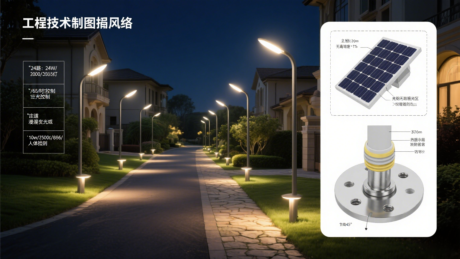 别墅区太阳能路灯安装实例 效果示意